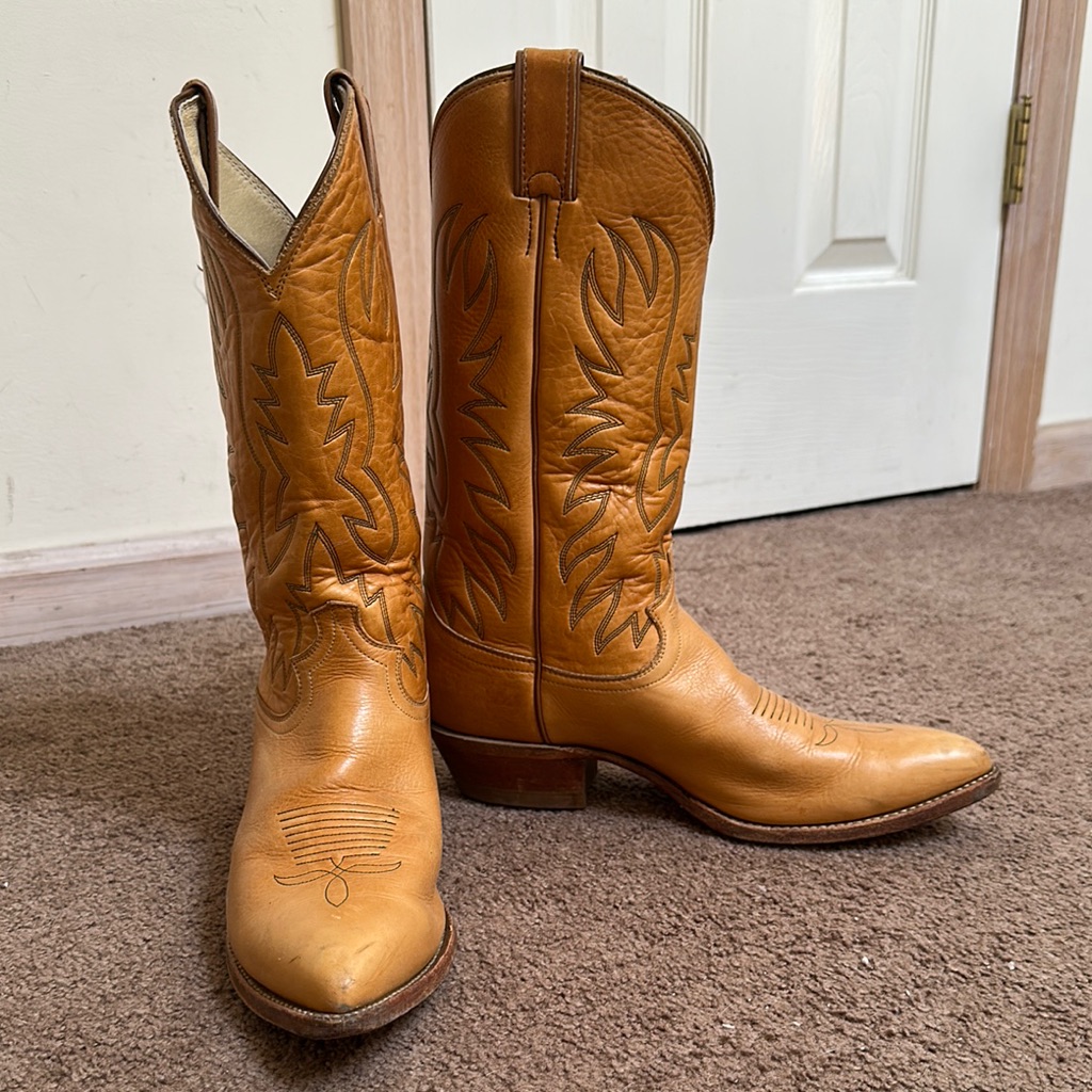 Vintage Justin Cowboy Boots Tan Leather Made In Usa Size 10